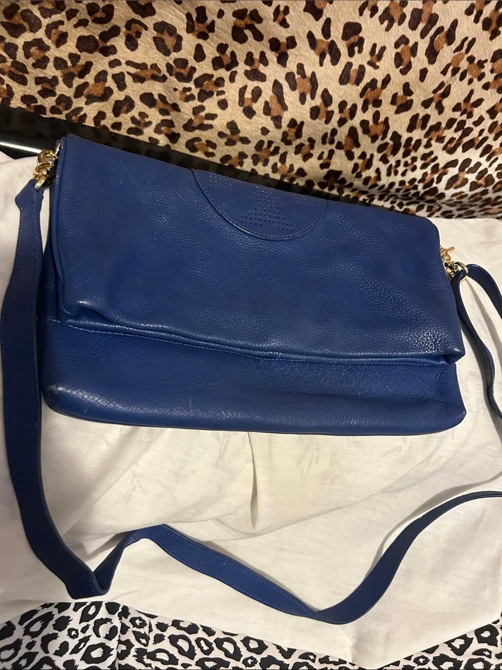 Tory Burch Blue Leather Crossbody/Shoulder Bag with Perforated Logo Detail
